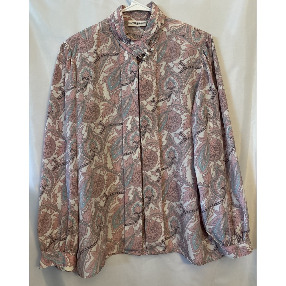 Vintage Women's Pink Paisley Button Up Blouse High Neck Hidden Buttons Size 12